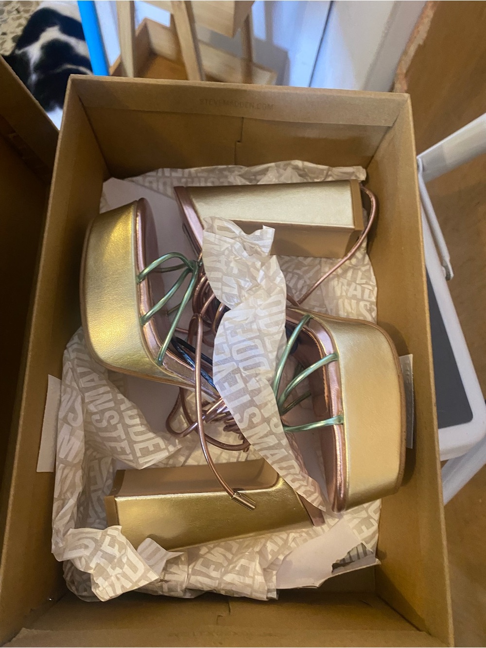 Gold Platform Block Heel Sandals with Iridescent Straps